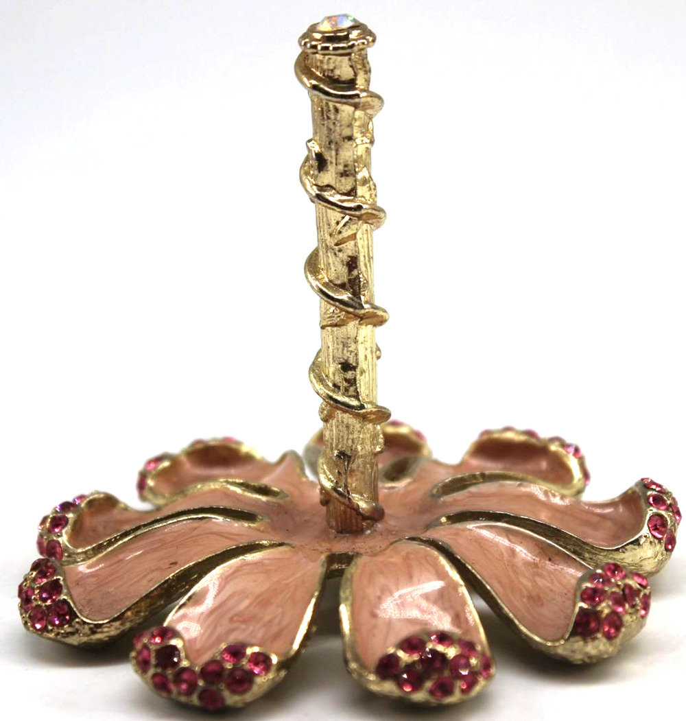 Mid Century Flower Ring Holder Pink Rhinestone Enamel Aurora Borealis 3" Tall